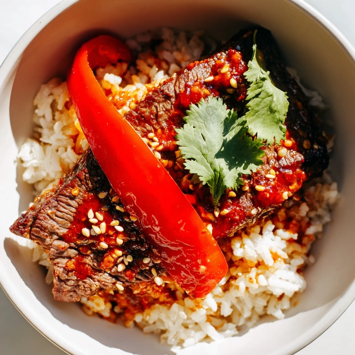 A quick weeknight Spicy Beef Bowl garnished with sesame seeds and fresh cilantro for vibrant flavor.