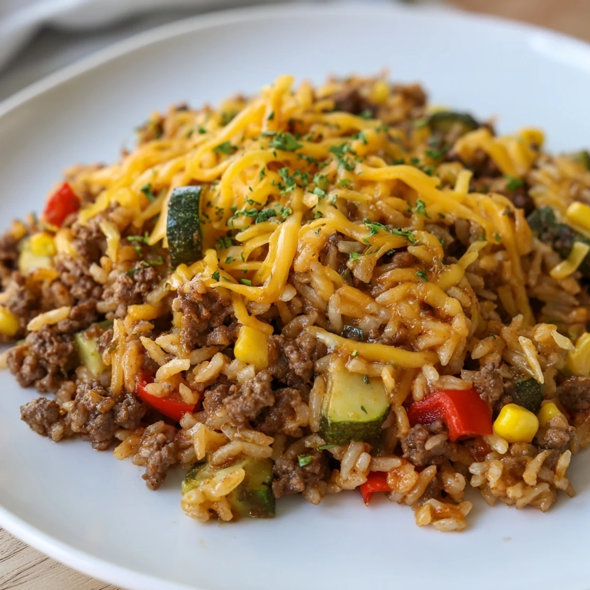 Golden, bubbly cheddar blankets a savory Beef Meal Skillet packed with ground beef, peppers, and zucchini.