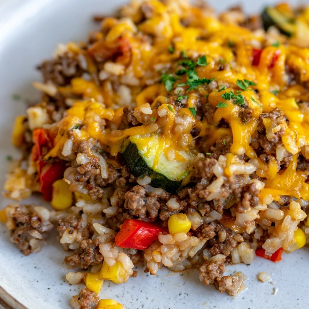Colorful vegetables and seasoned ground beef simmer in a rich tomato sauce inside a black skillet.