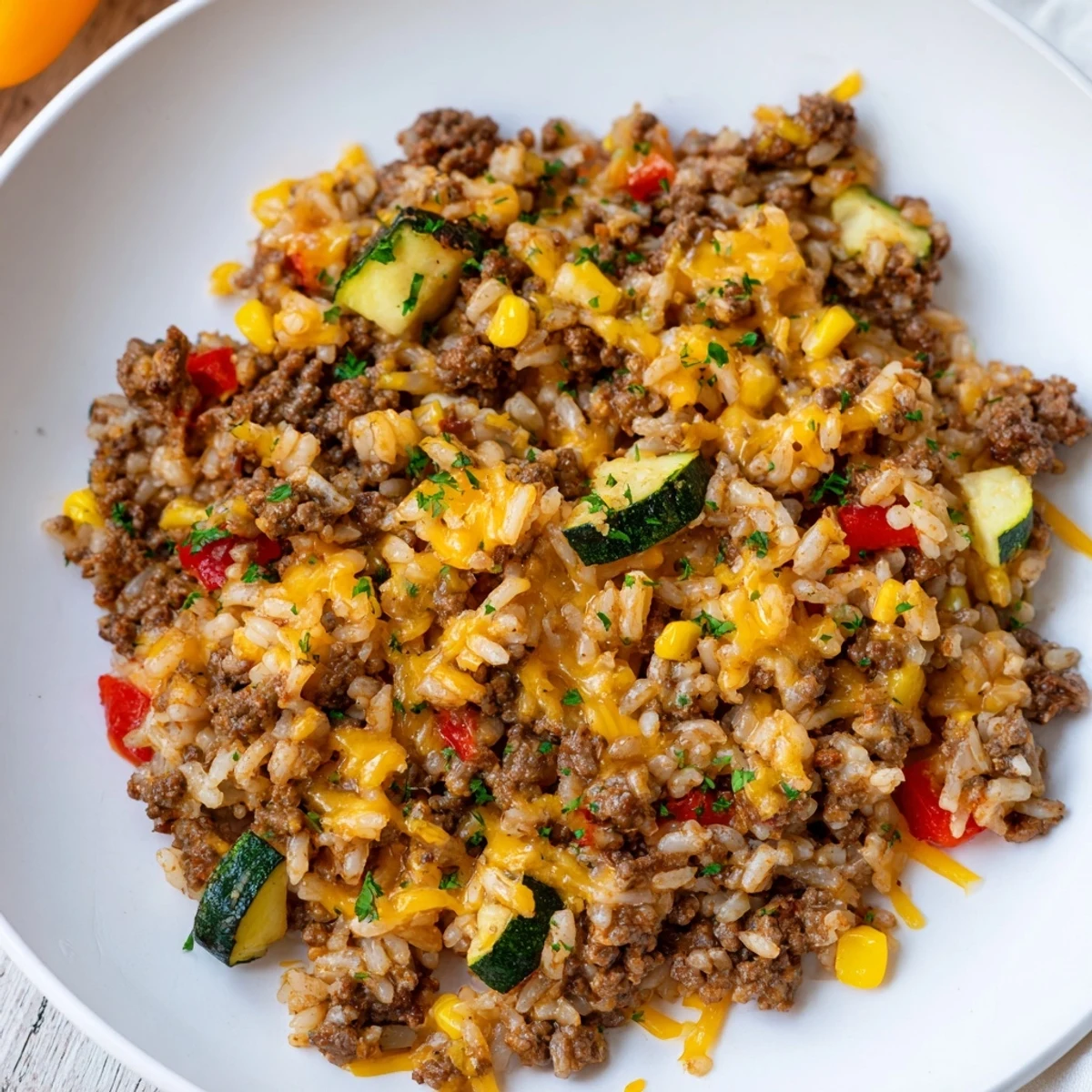 Steamed rice mixes with tender beef and veggies, garnished with fresh parsley, ready for a weeknight dinner.