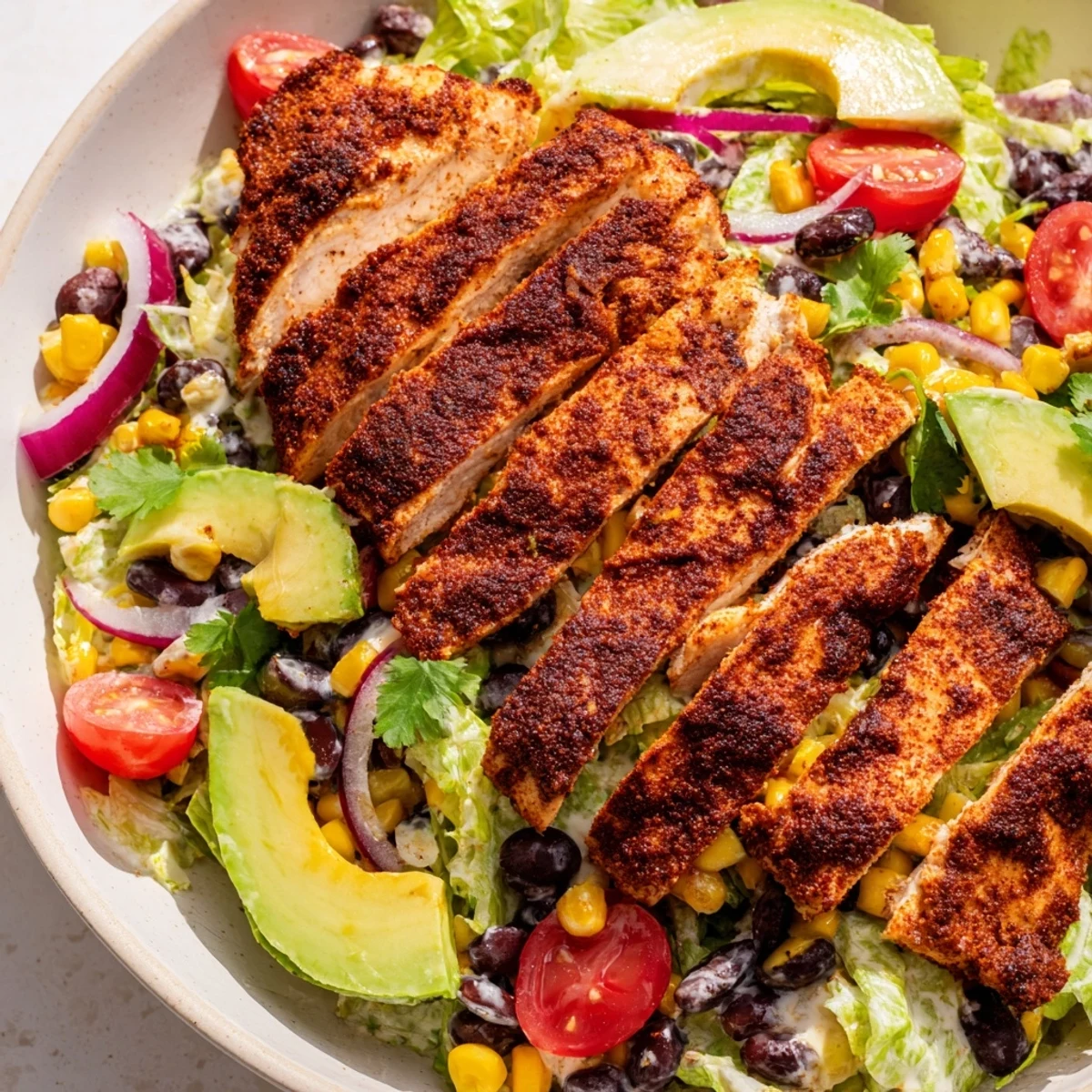 Bright and fresh Southwest Chicken Salad with Lime Dressing is topped with juicy tomatoes and red onion, ready for a healthy lunch. 