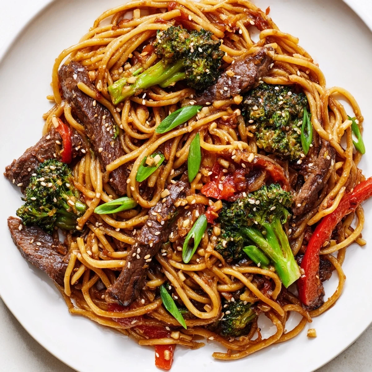 Hot Beef and Broccoli Lo Mein with Sesame is plated with crisp broccoli florets and a drizzle of glossy sesame sauce.