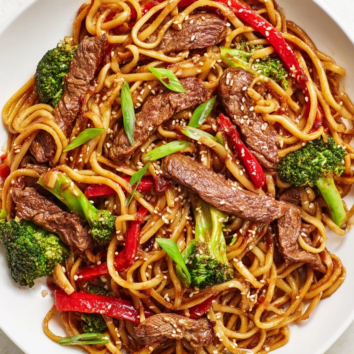 Tender beef strips, red bell pepper, and silky lo mein noodles are tossed together in a savory-sweet sauce.