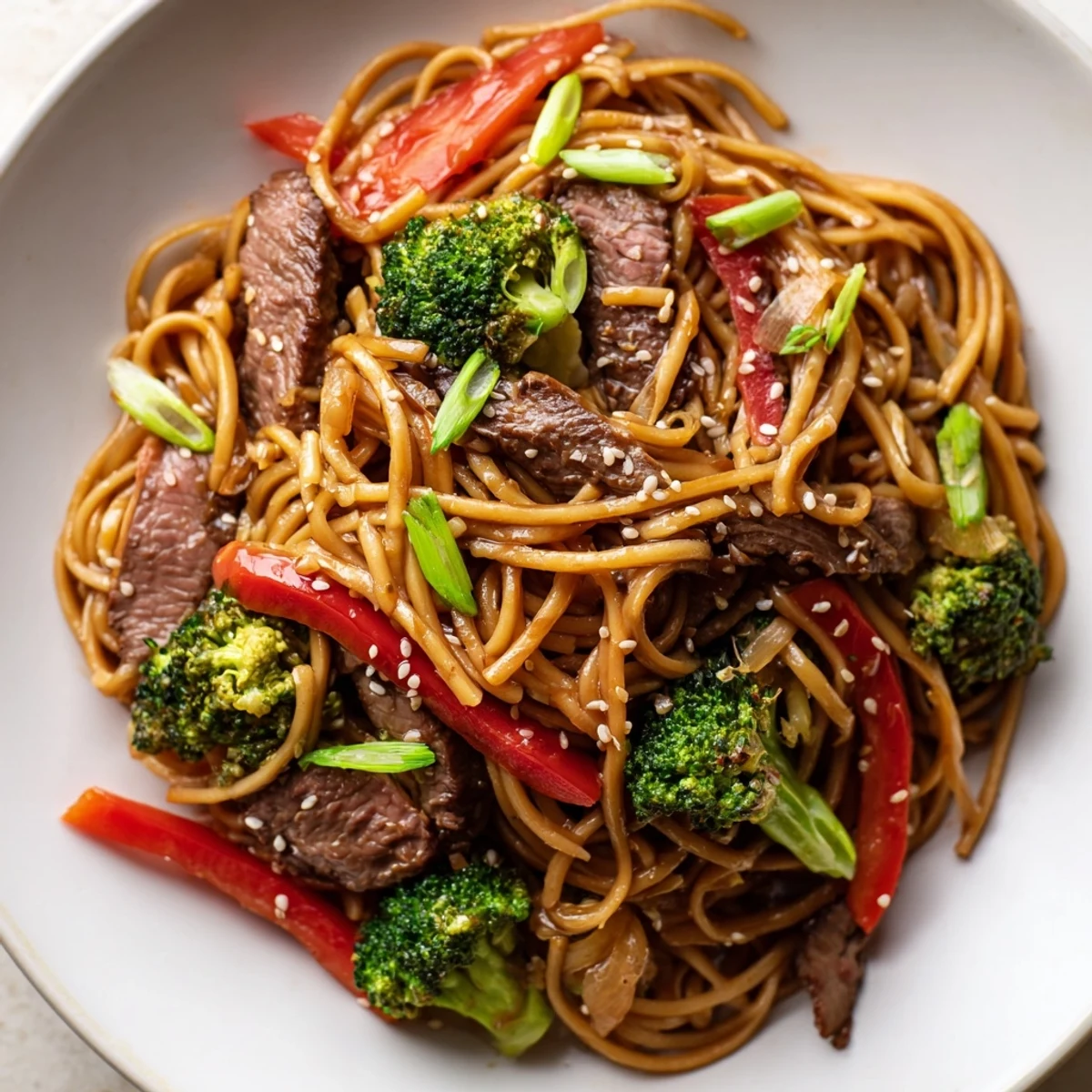 A steaming bowl of Beef and Broccoli Lo Mein with Sesame is garnished with green onions and sesame seeds.