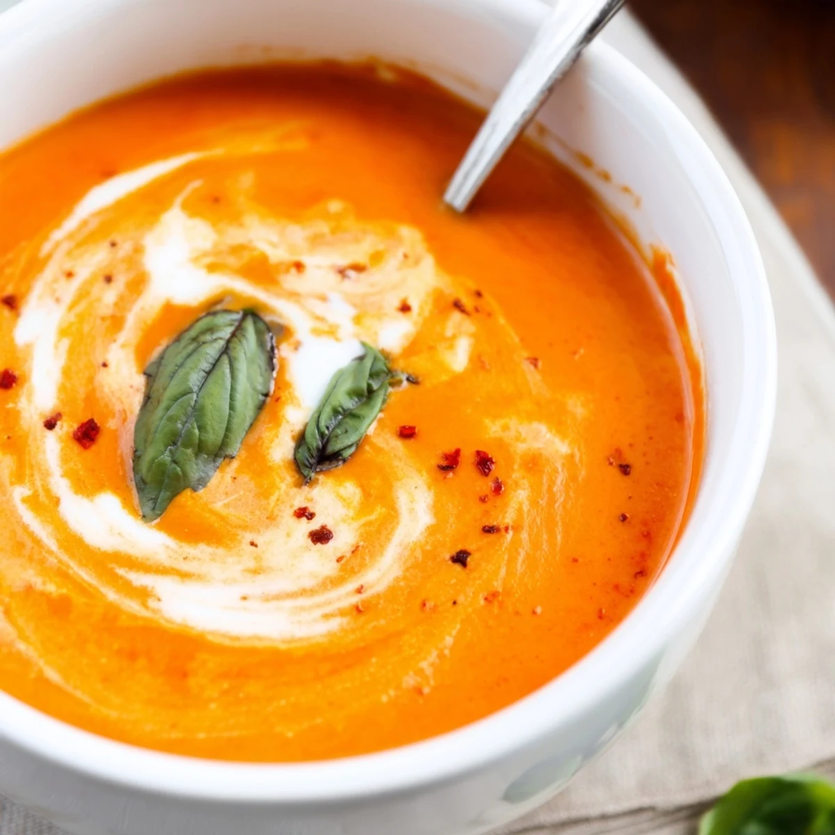 Close-up of Roasted Garlic and Tomato Basil Soup with roasted tomato halves and golden garlic cloves.
