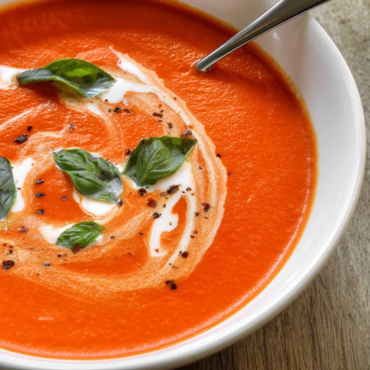 Roasted Garlic and Tomato Basil Soup served hot alongside crusty artisan bread for dipping.