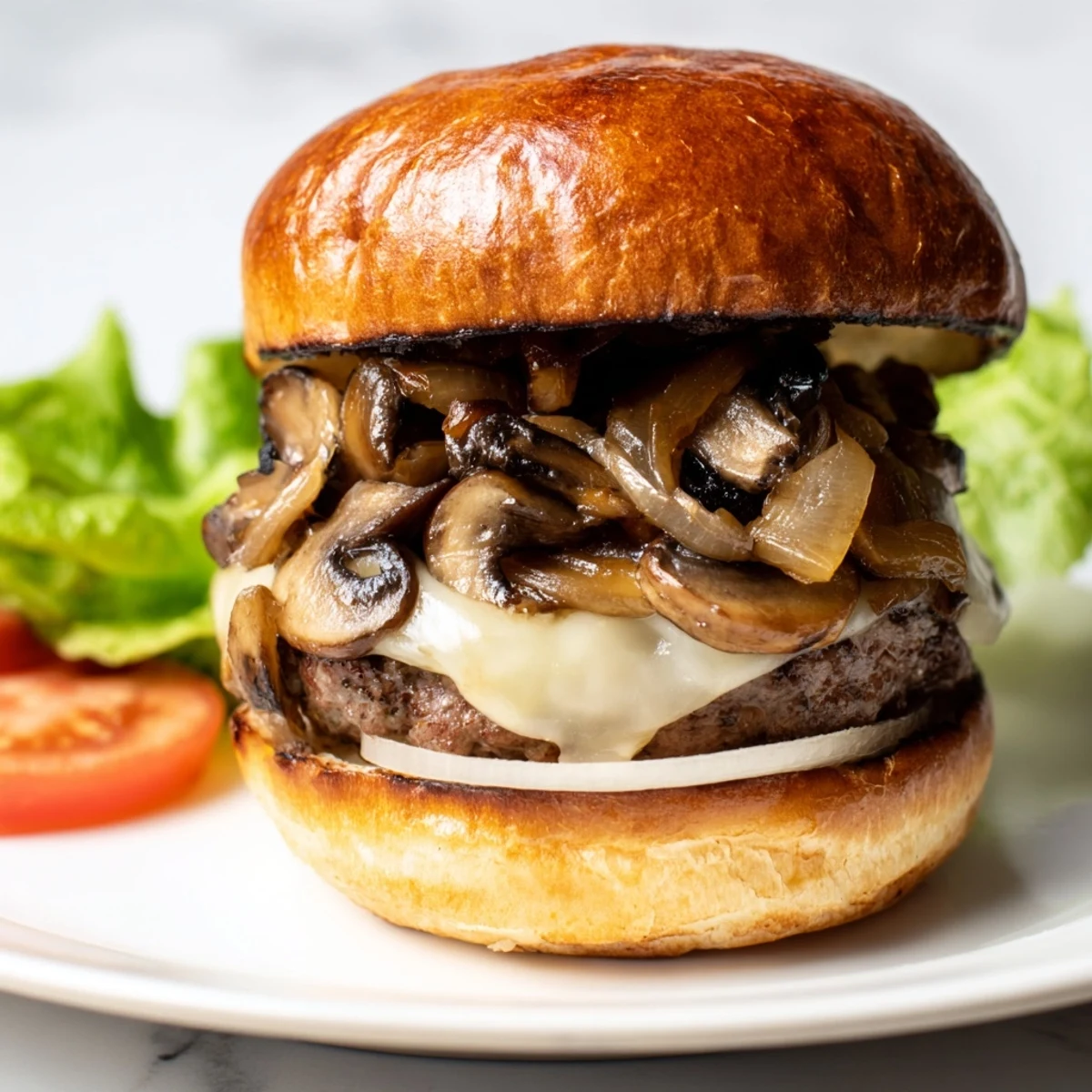 Gourmet Mushroom and Swiss Burger topped with caramelized onions, melted Swiss cheese, and sautéed mushrooms on a toasted bun.