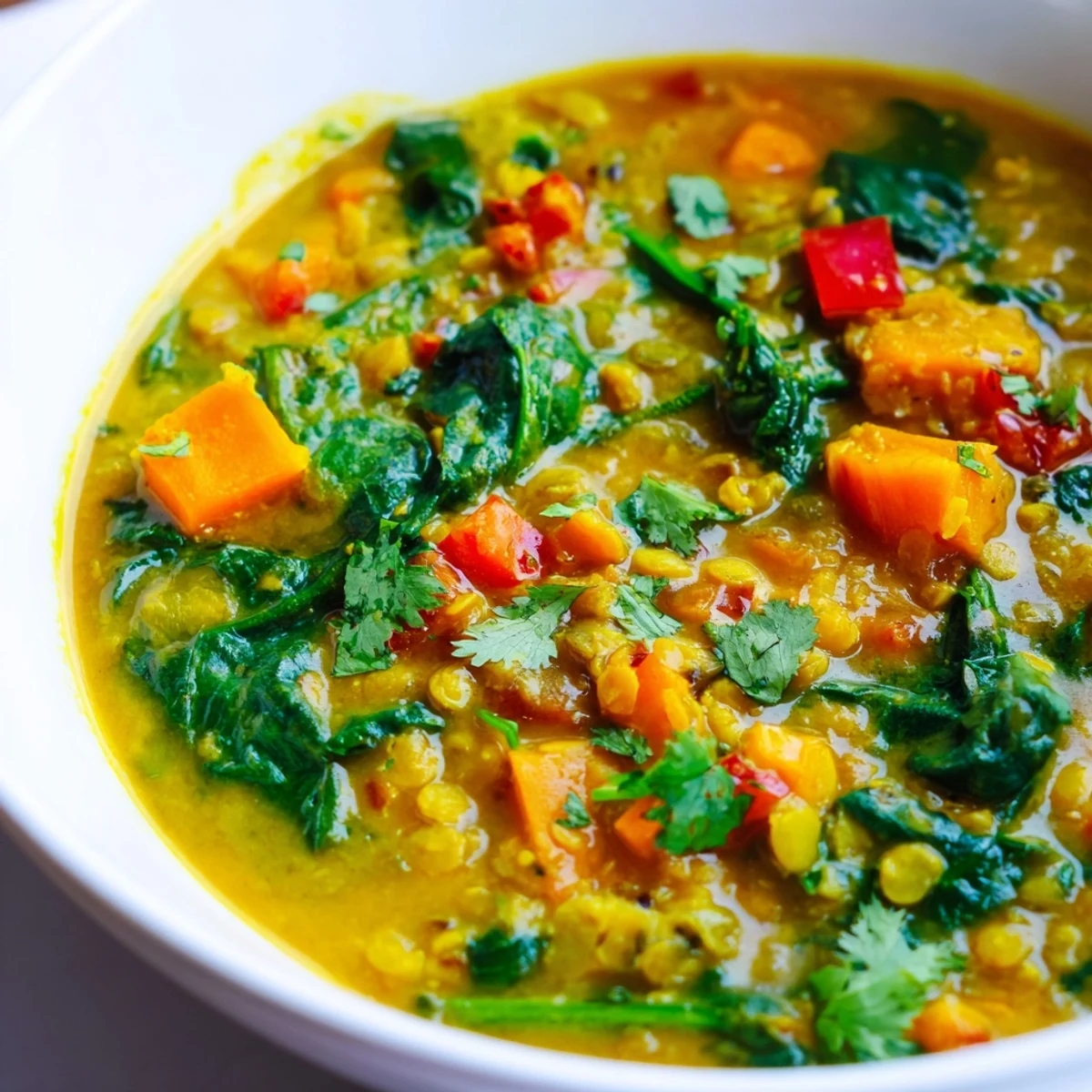 Thick, creamy Coconut Curry Lentil Soup with Spinach simmering in a pot with a wooden spoon.