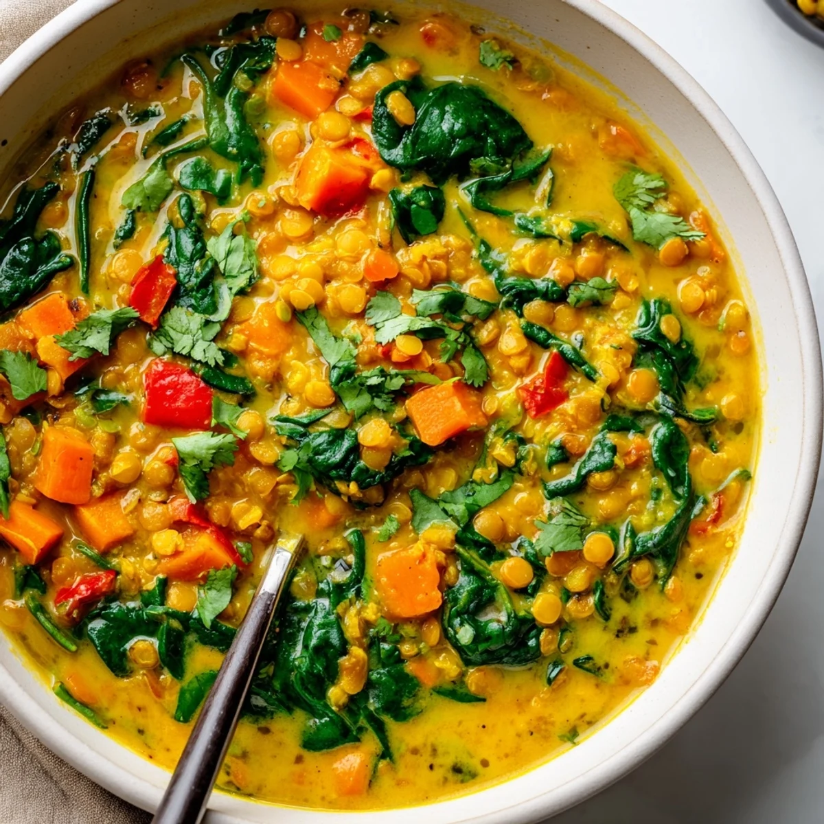 A warm bowl of Coconut Curry Lentil Soup with Spinach garnished with cilantro and a lime wedge.