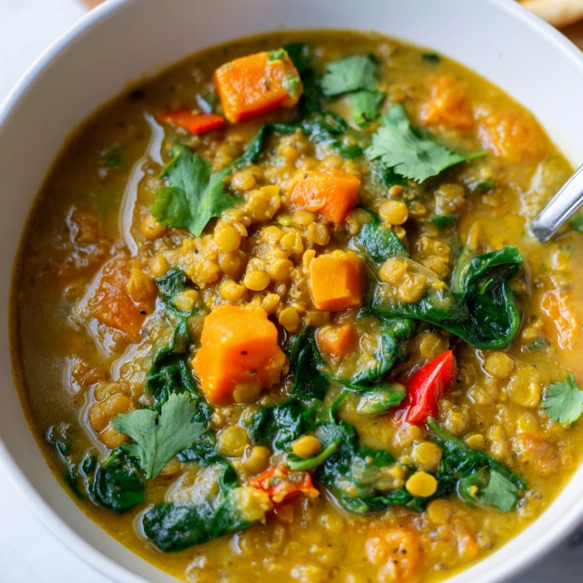 Coconut Curry Lentil Soup with Spinach served in a rustic bowl with crusty bread on the side.
