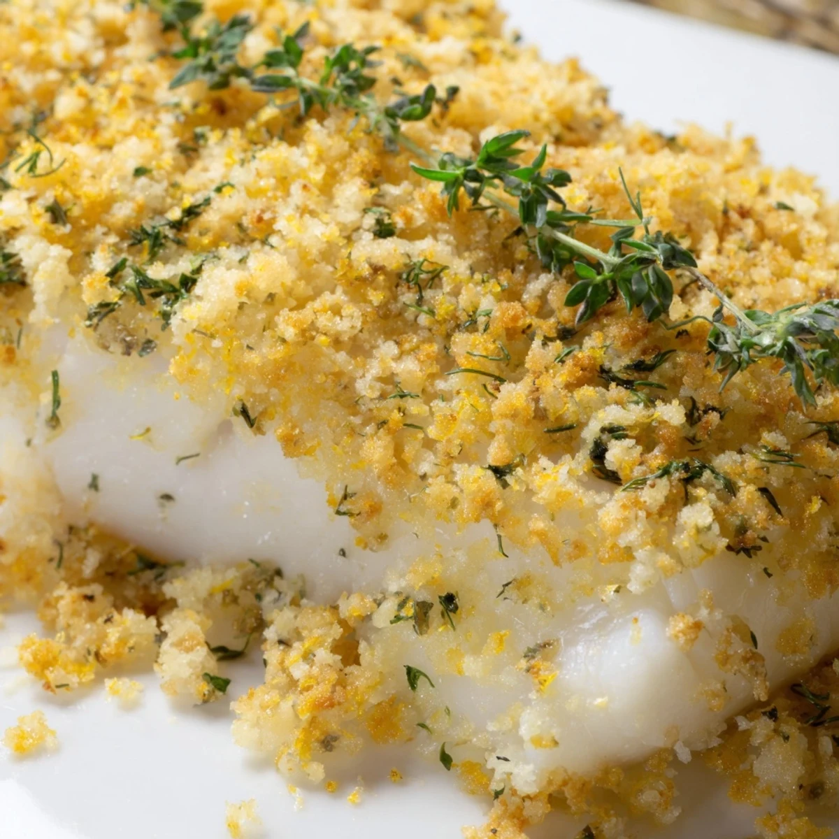 Golden-brown Baked Cod with Lemon Herb Butter Crumb topping flaking with a fork on a baking dish.