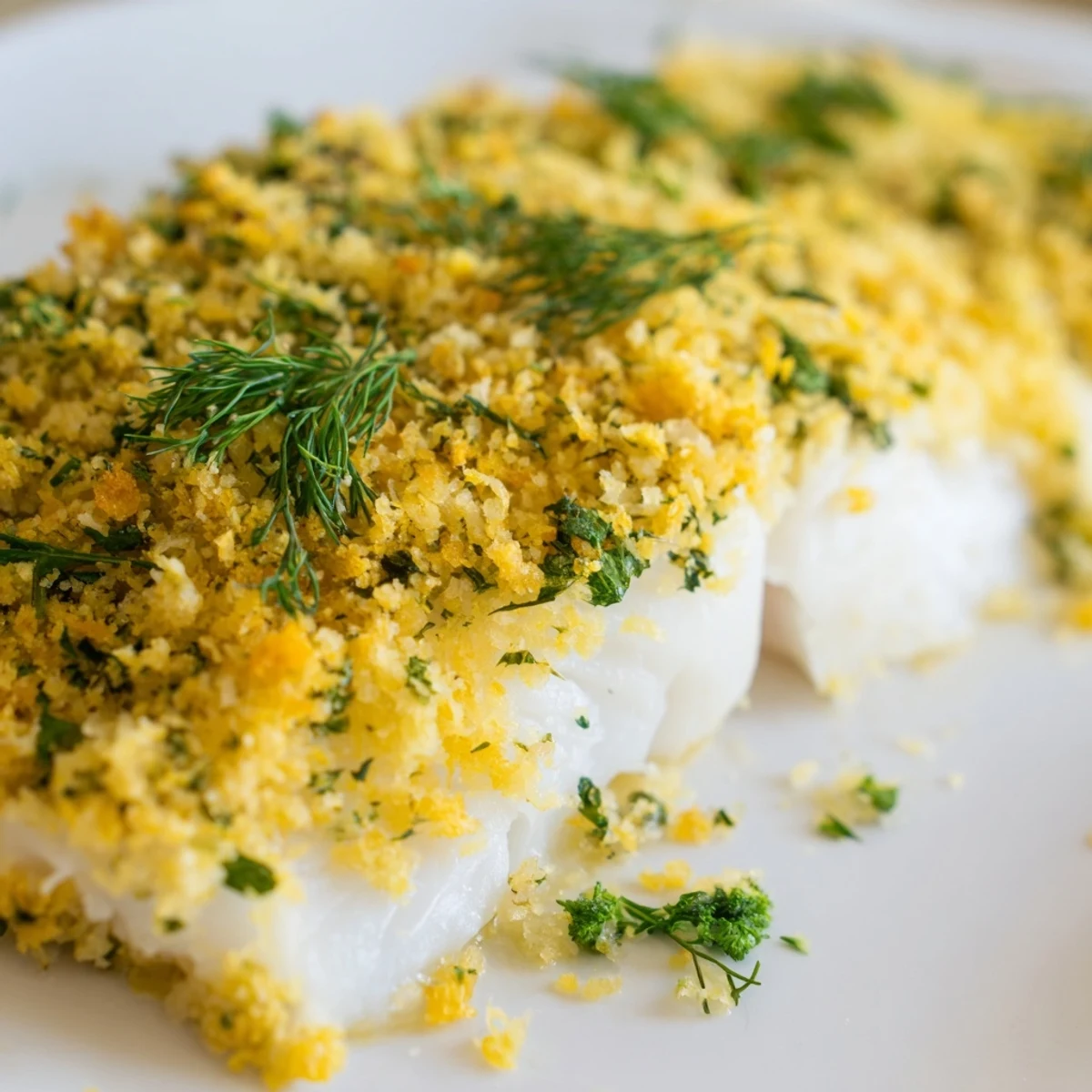 Tender white fish fillets topped with crispy Baked Cod with Lemon Herb Butter Crumb garnished with parsley.
