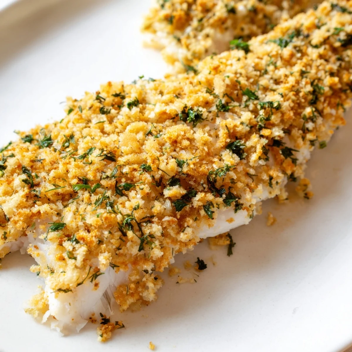 Freshly baked Baked Cod with Lemon Herb Butter Crumb served with lemon wedges and asparagus.