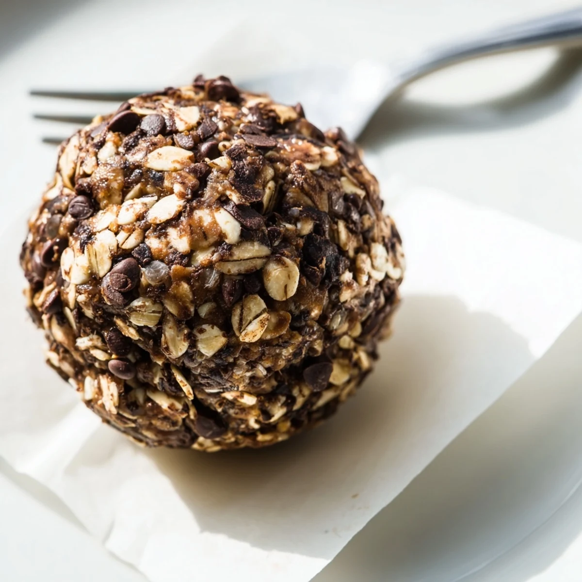 Seven Chocolate Peanut Butter Energy Balls arranged on a marble countertop, with a jar of peanut butter and a bowl of oats nearby.