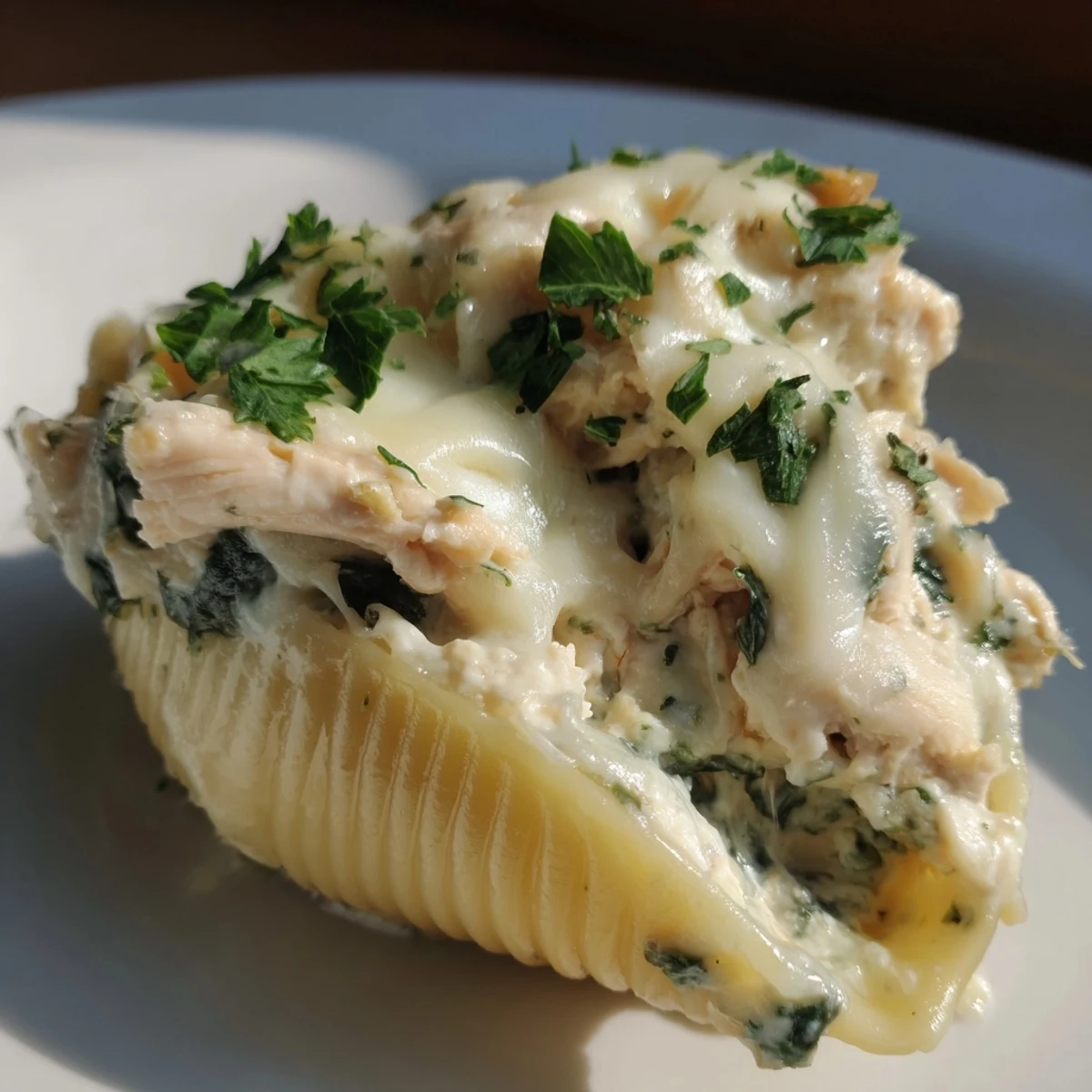 Golden, bubbly mozzarella tops baked Chicken Alfredo Stuffed Shells with spinach, ready to serve.