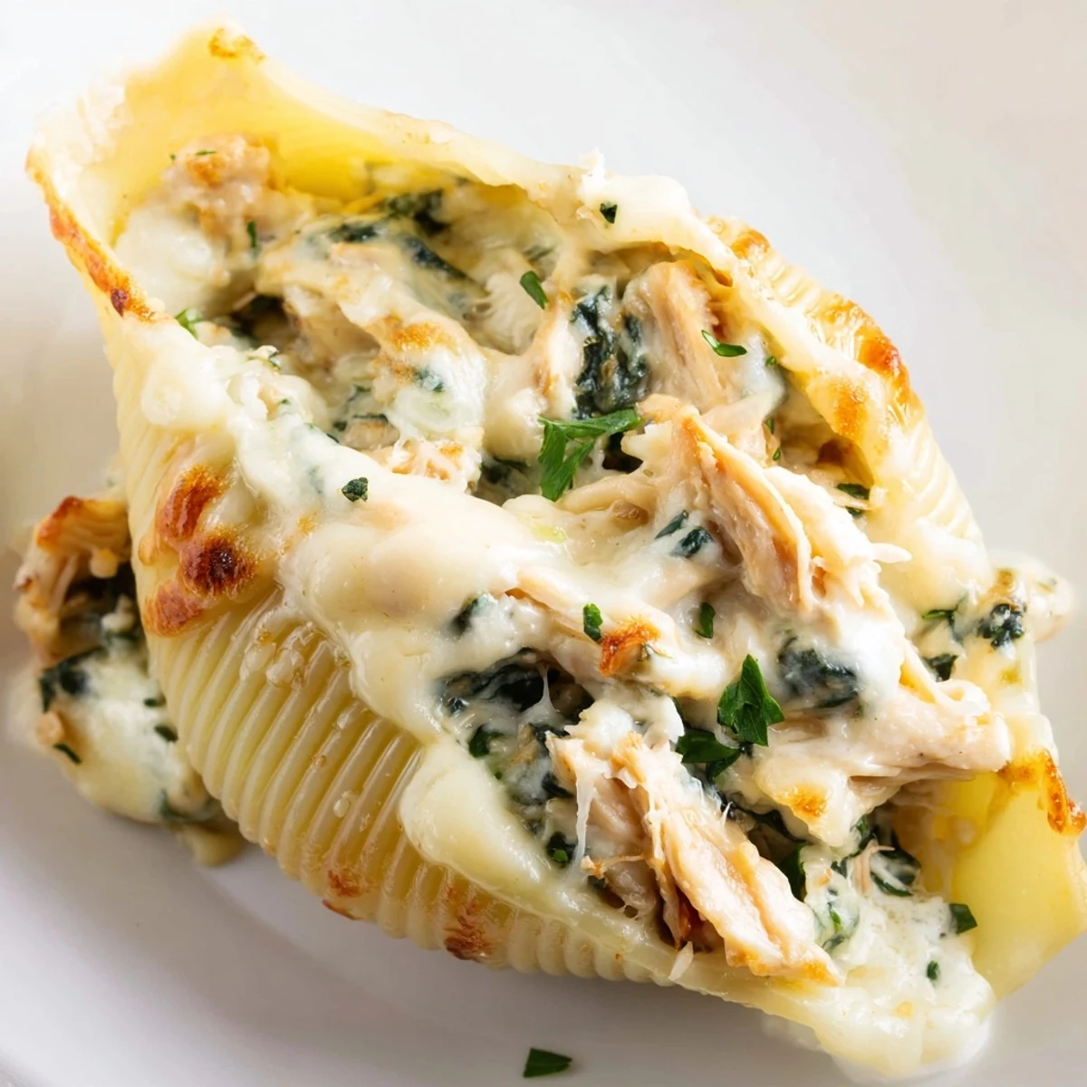 Tender shells filled with creamy chicken and spinach in Alfredo sauce, garnished with fresh parsley.