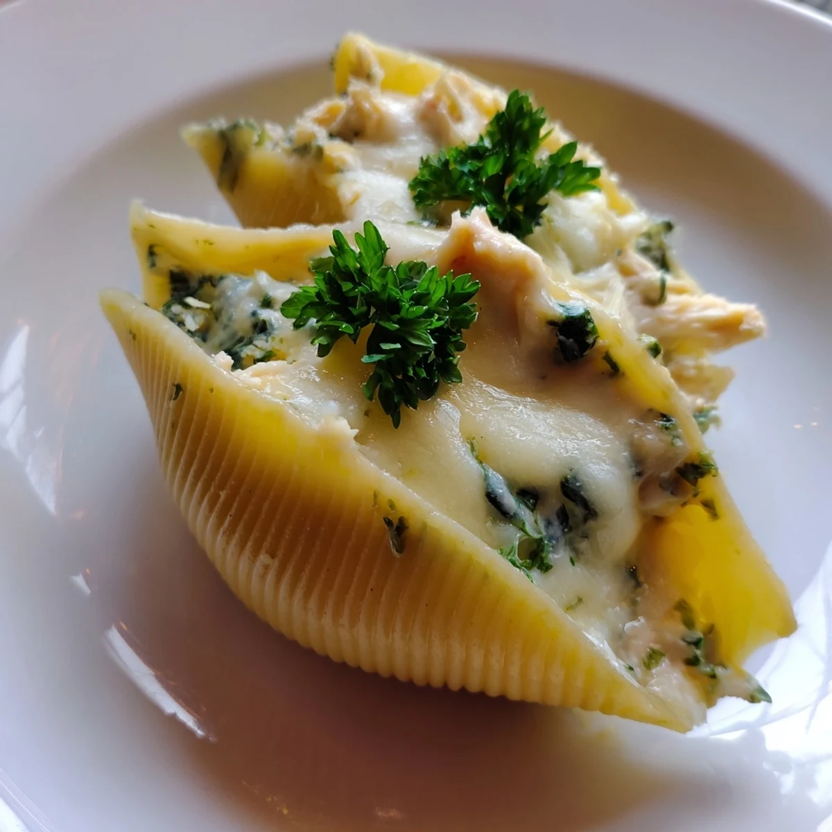 A 9x13-inch dish of jumbo pasta shells stuffed with chicken Alfredo and spinach, served hot.