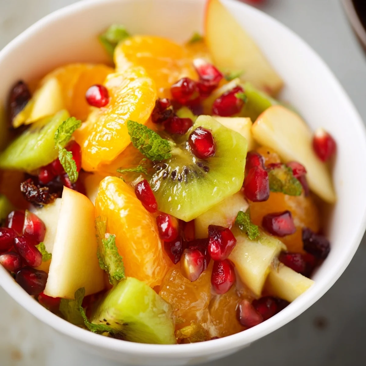 A close-up view of the zesty Winter Fruit Salad with Honey Lime Dressing, showcasing juicy citrus, kiwi slices, and grapes.