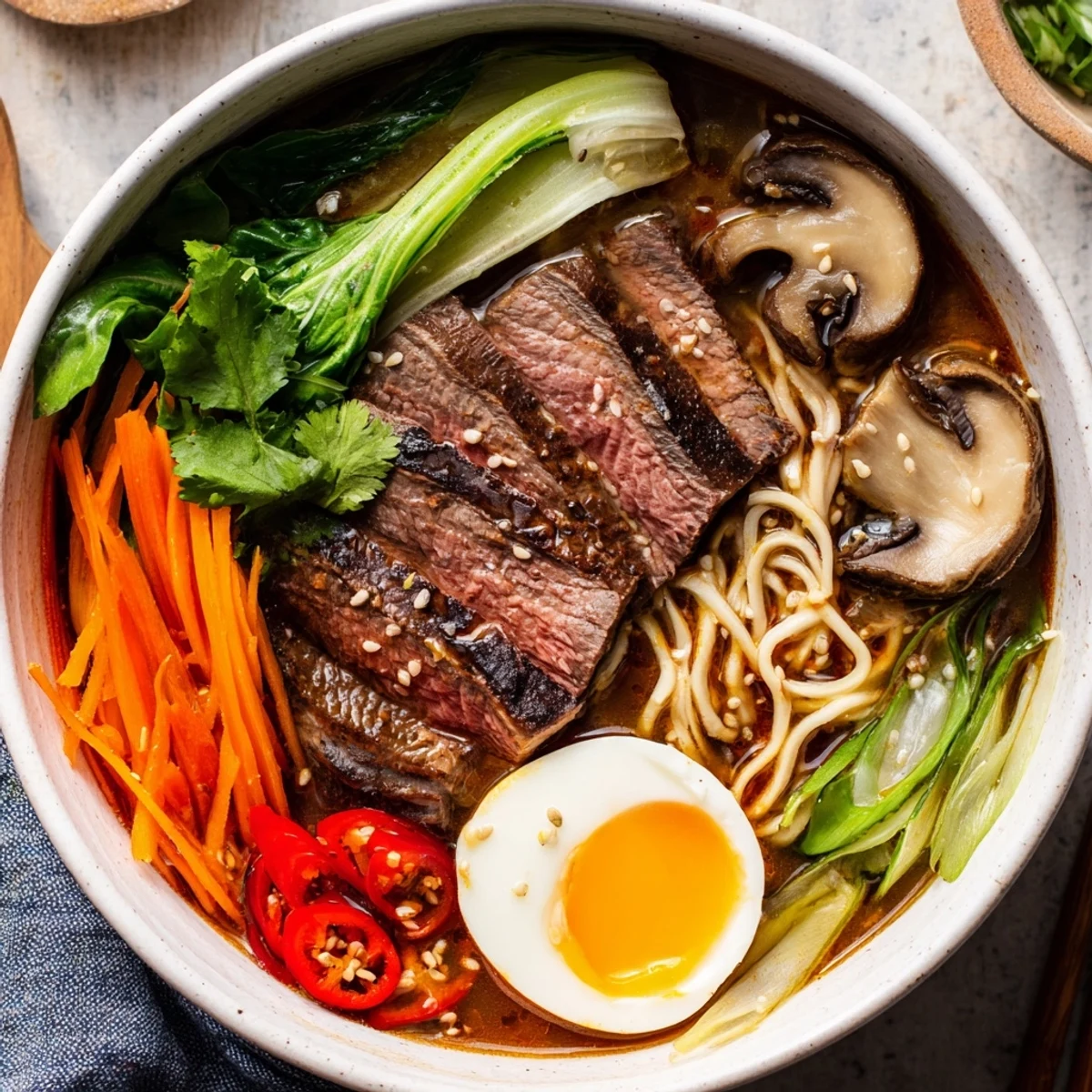 Bowl of Spicy Beef Ramen with Soft Boiled Egg topped with fresh scallions and sesame seeds.