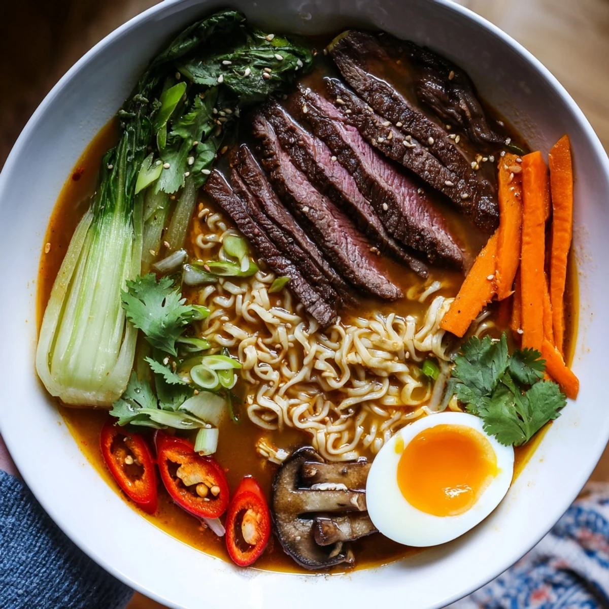 Close-up of Spicy Beef Ramen with Soft Boiled Egg featuring tender beef slices and bok choy.