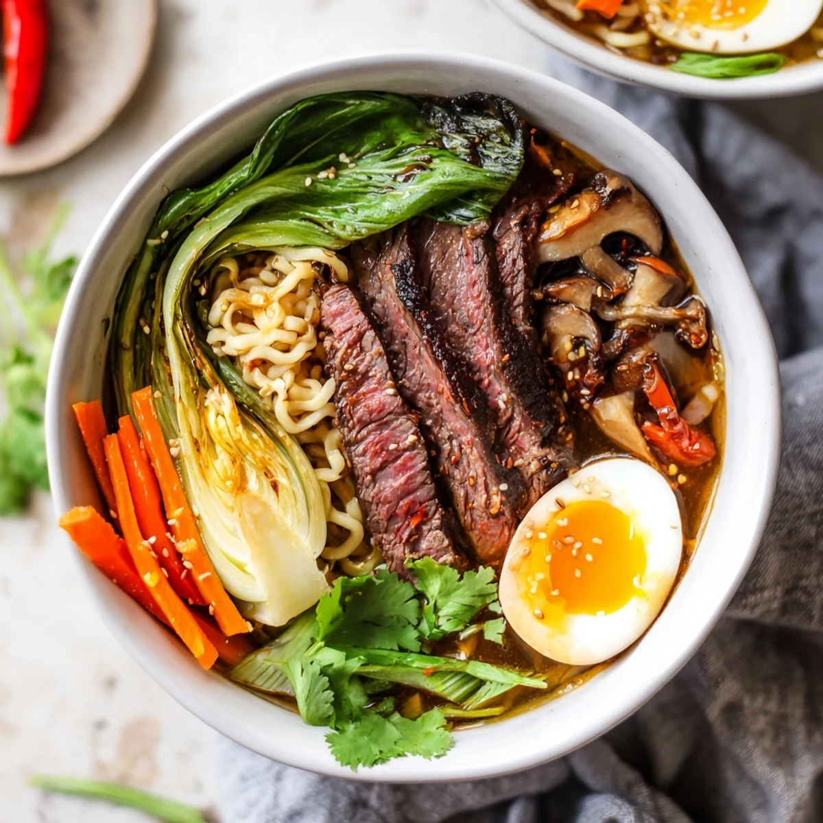 Sizzling skillet of marinated beef ready to be added to Spicy Beef Ramen with Soft Boiled Egg.
