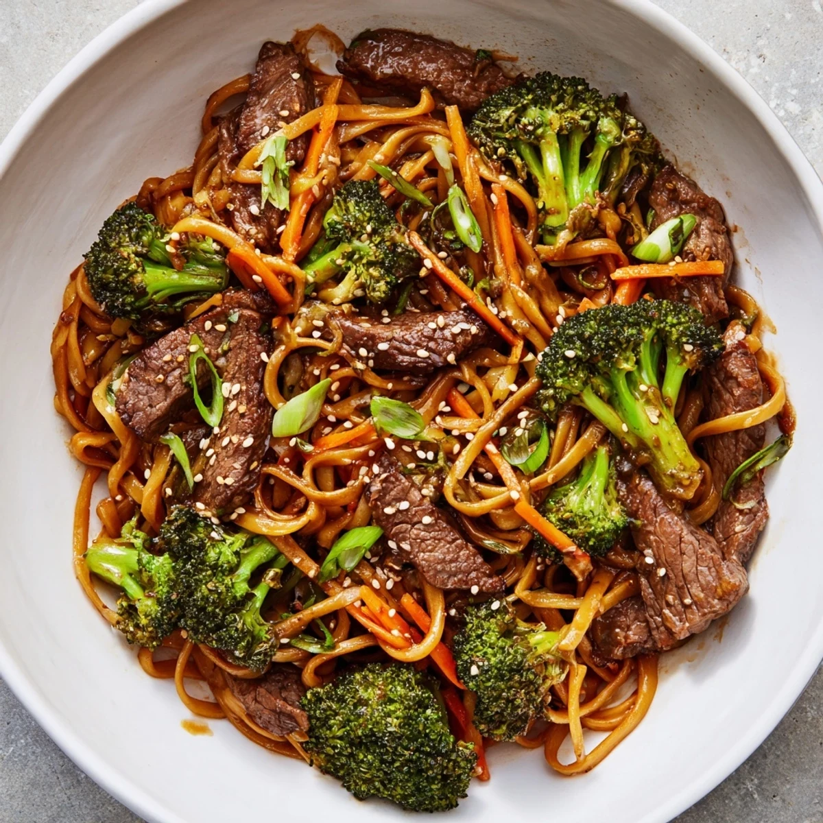 A close-up of Beef and Broccoli Lo Mein with toasted sesame seeds, showcasing tender beef and crisp broccoli on saucy noodles.