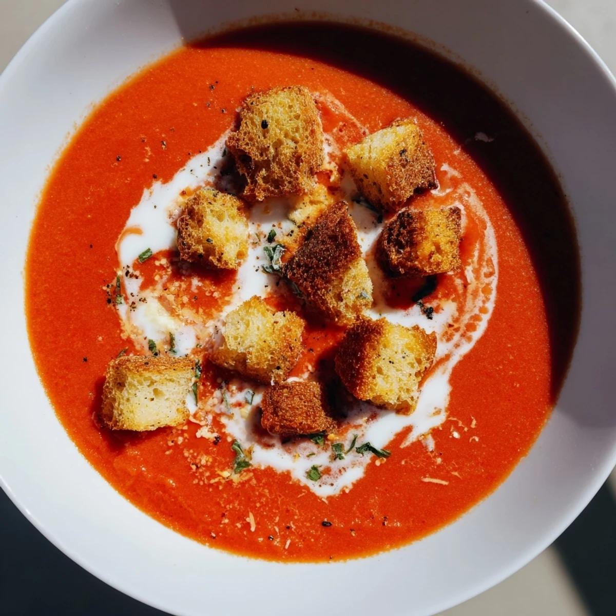 Bowl of Roasted Garlic and Tomato Basil Soup with crunchy golden croutons and fresh basil garnish.