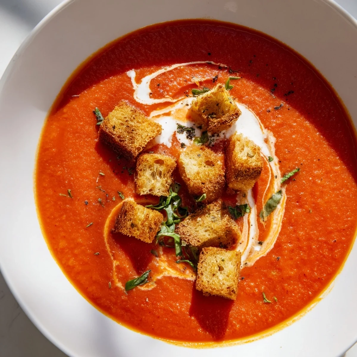 Velvety Roasted Garlic and Tomato Basil Soup topped with crispy croutons and basil on a rustic table.