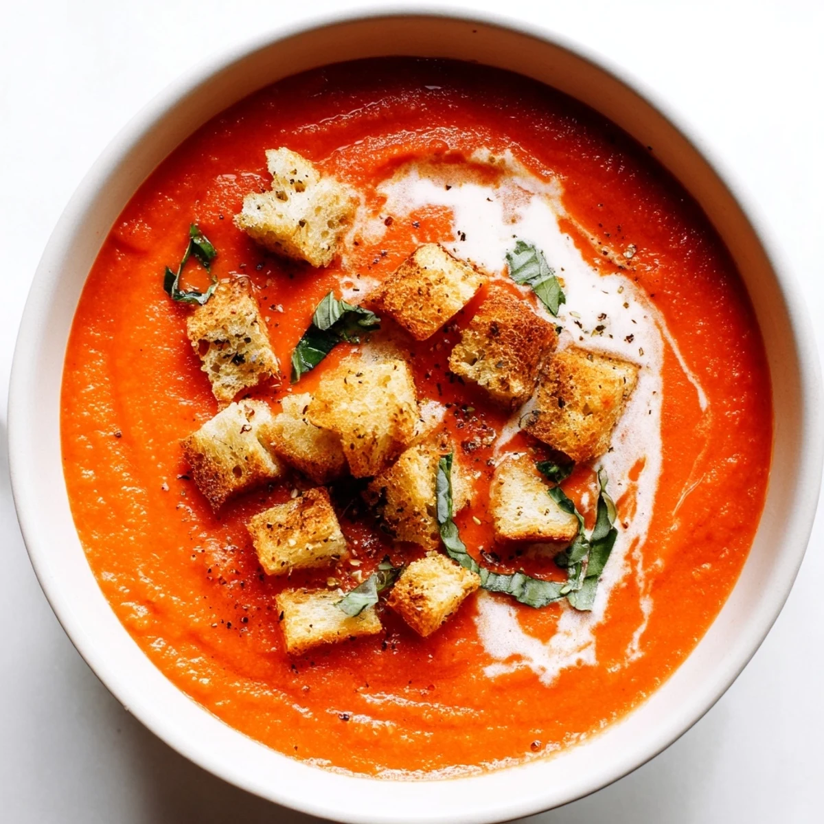 Warm Roasted Garlic and Tomato Basil Soup with creamy texture and homemade croutons, ready to serve.