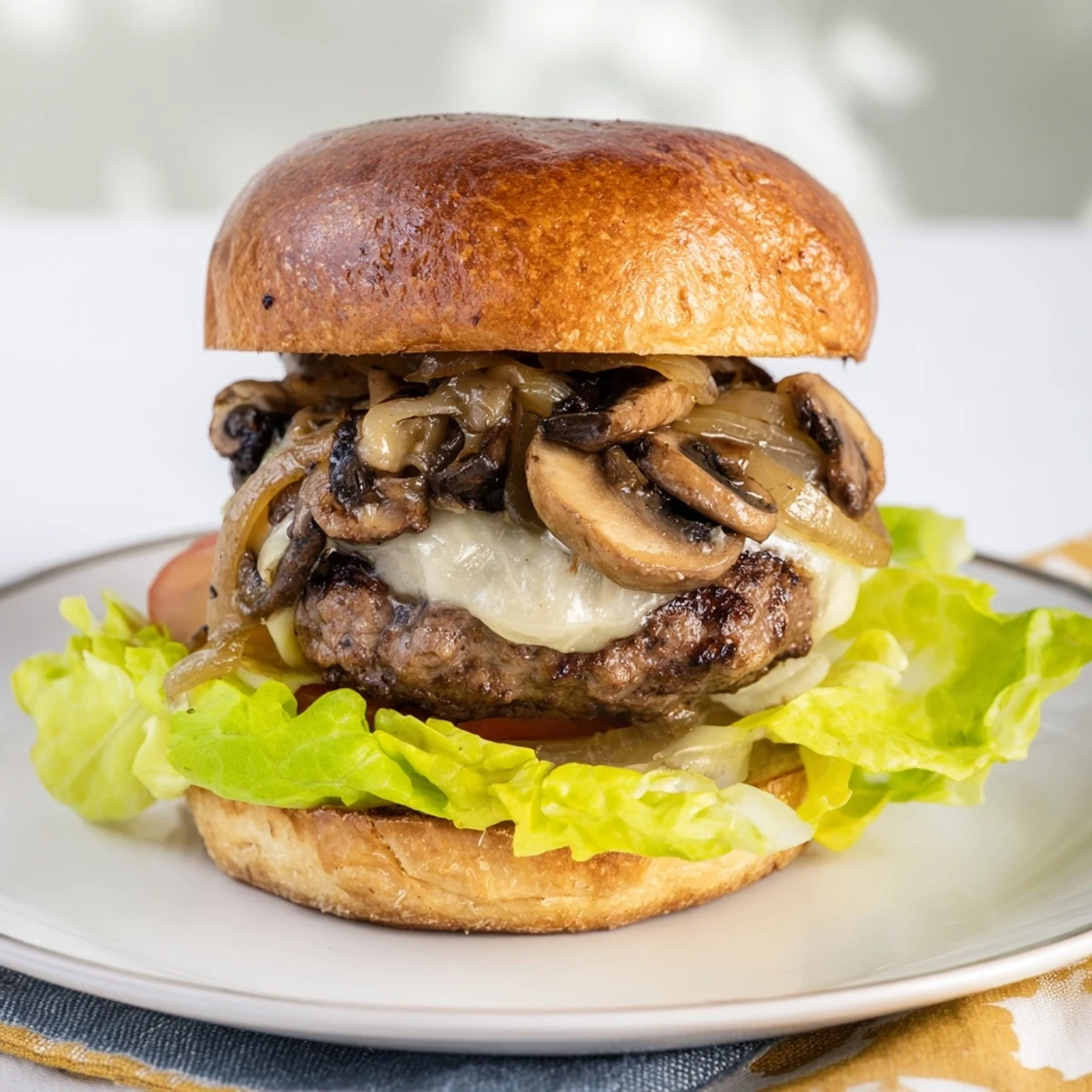 A gourmet Mushroom and Swiss Burger with melted Swiss cheese and a toasted bun, highlighting the rich, savory ingredients.