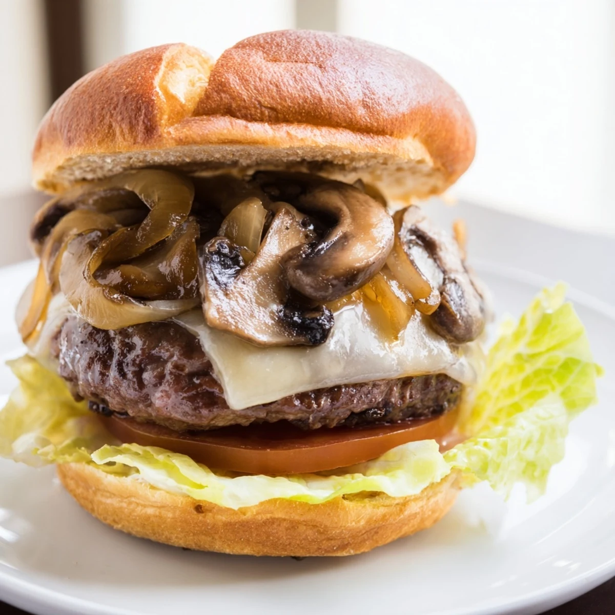 A fully assembled Mushroom and Swiss Burger on a plate, ready to eat alongside a serving of golden french fries.