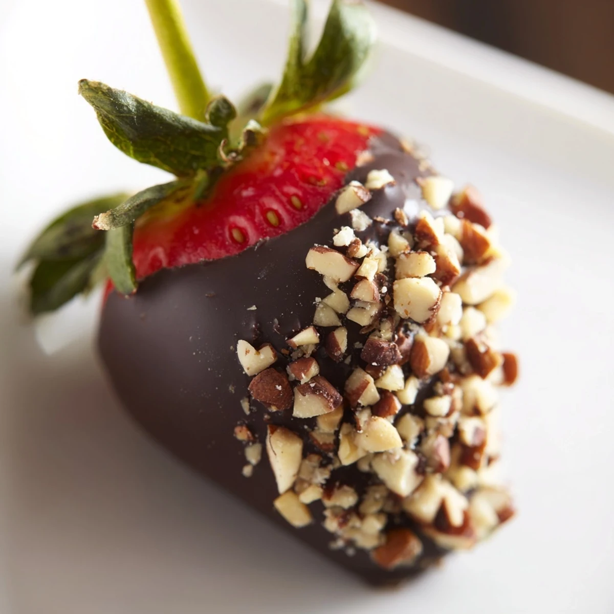 Chocolate Dipped Strawberries with Chopped Nuts arranged on a rustic wooden board, ready to serve as a romantic dessert.