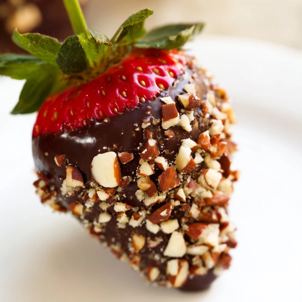 Homemade Chocolate Dipped Strawberries with Chopped Nuts served on a platter, perfect for Valentine's Day or parties.