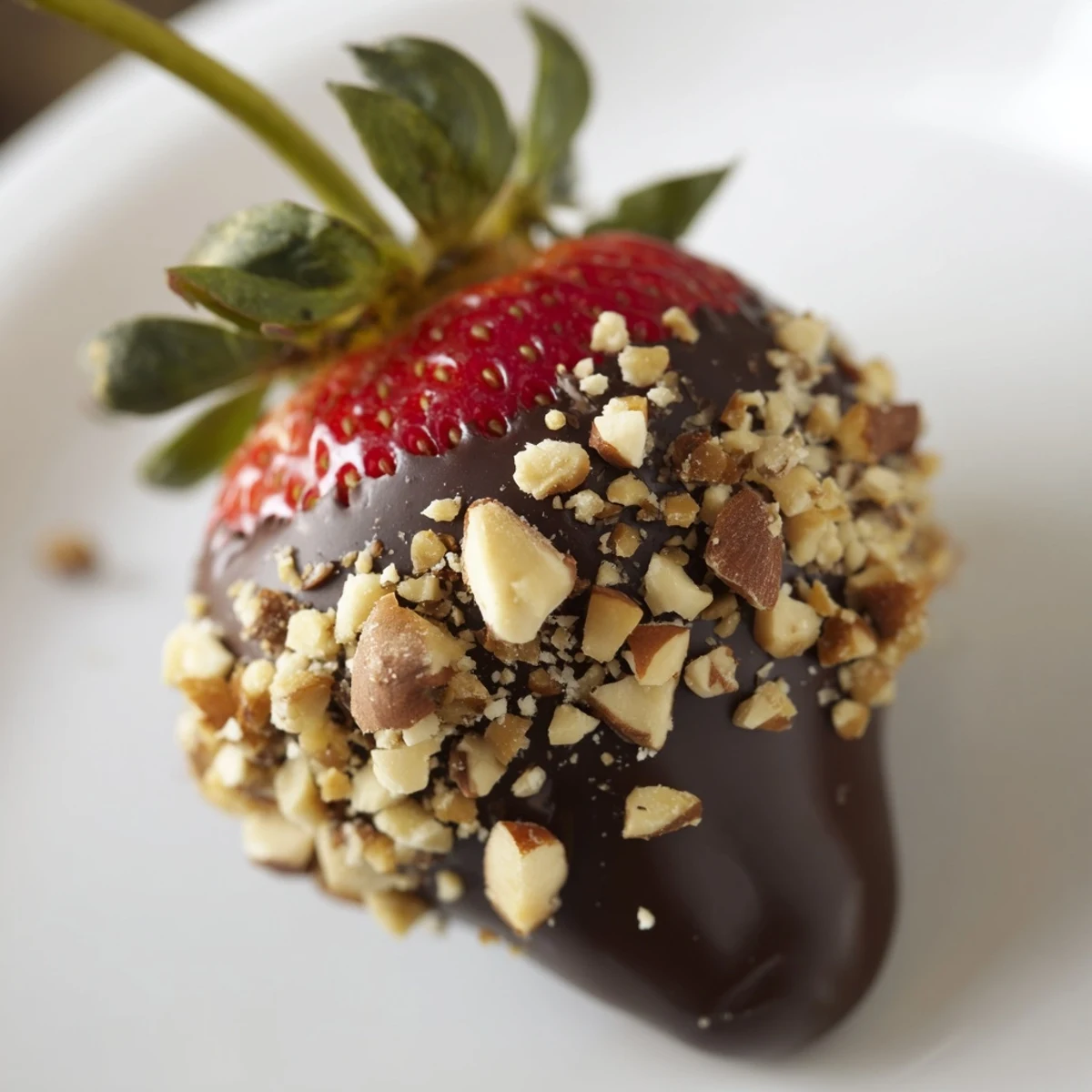 A close-up of Chocolate Dipped Strawberries with Chopped Nuts showing glossy dark chocolate coating and fresh red berries.