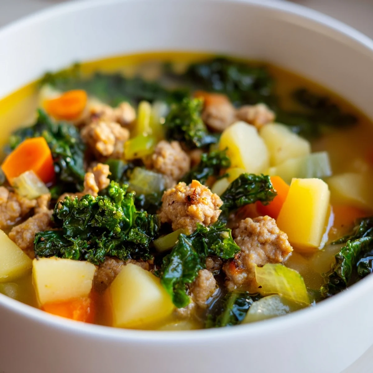 A hearty bowl of Turkey Sausage and Kale Soup with Potatoes, featuring tender chunks of potato and vibrant green kale leaves in a rich broth.