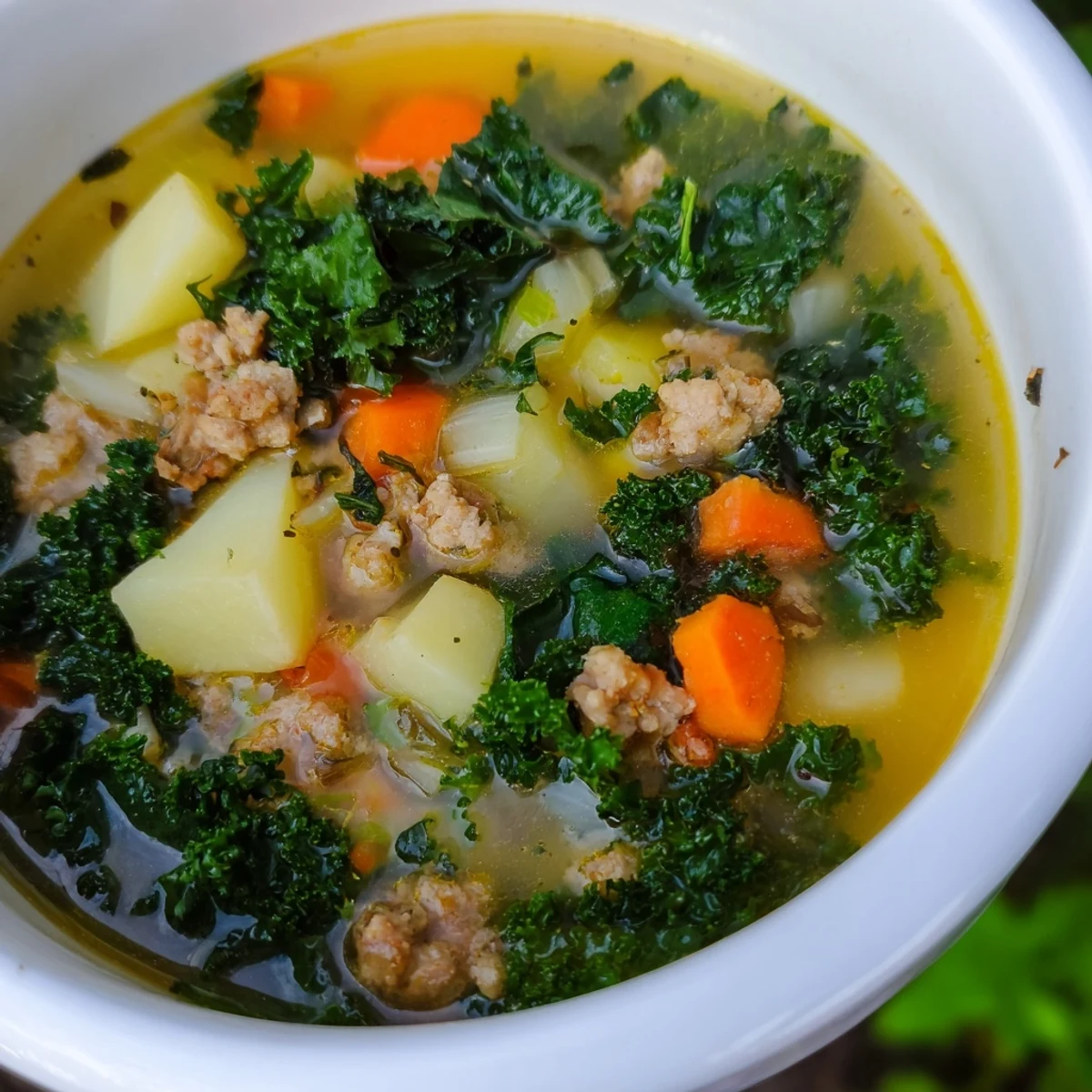 Freshly ladled Turkey Sausage and Kale Soup with Potatoes steams in a rustic bowl, ready to be garnished with savory Parmesan cheese and olive oil.