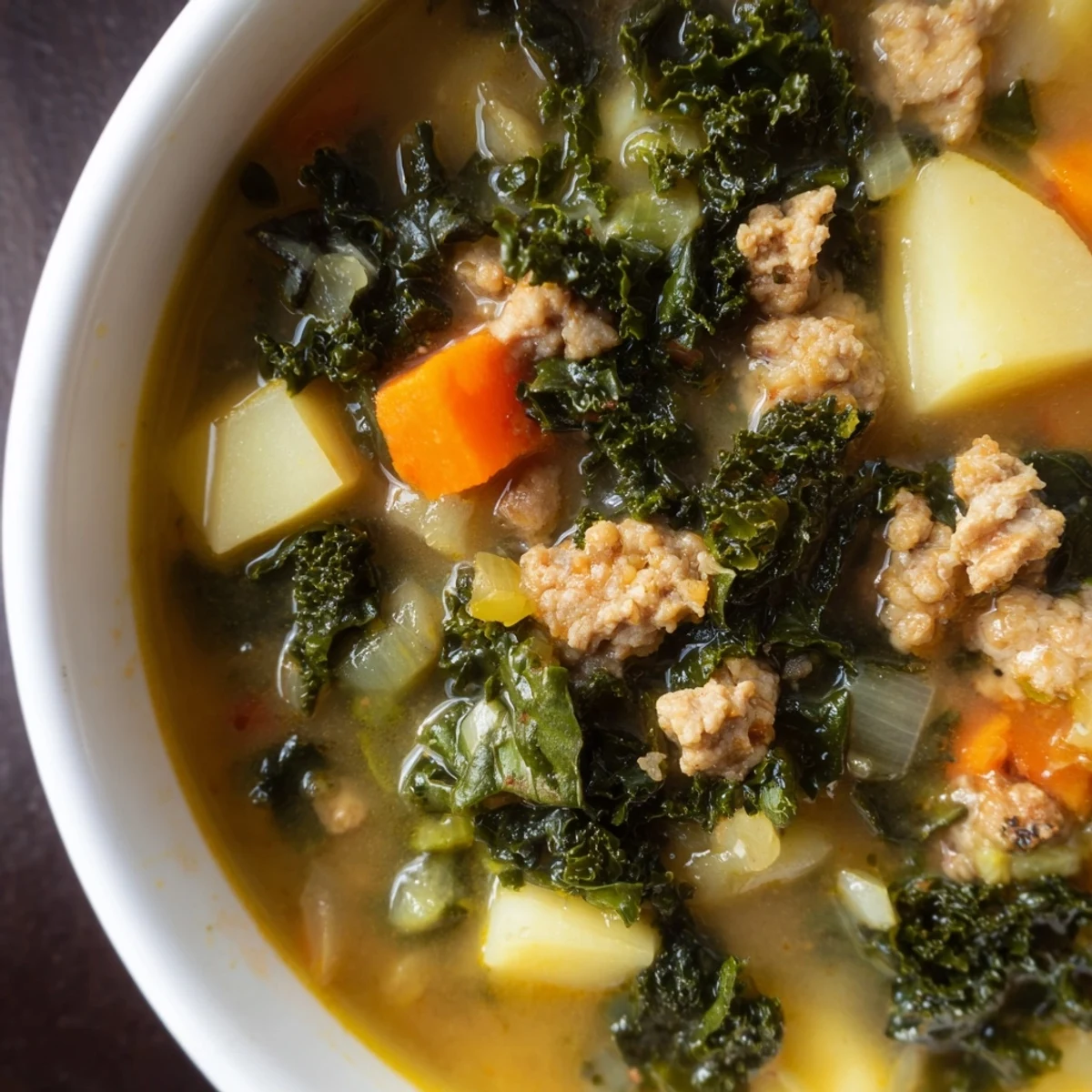 Healthy Turkey Sausage and Kale Soup with Potatoes simmers in a large pot, showcasing crumbled sausage, sliced carrots, and chopped kale for a family dinner.