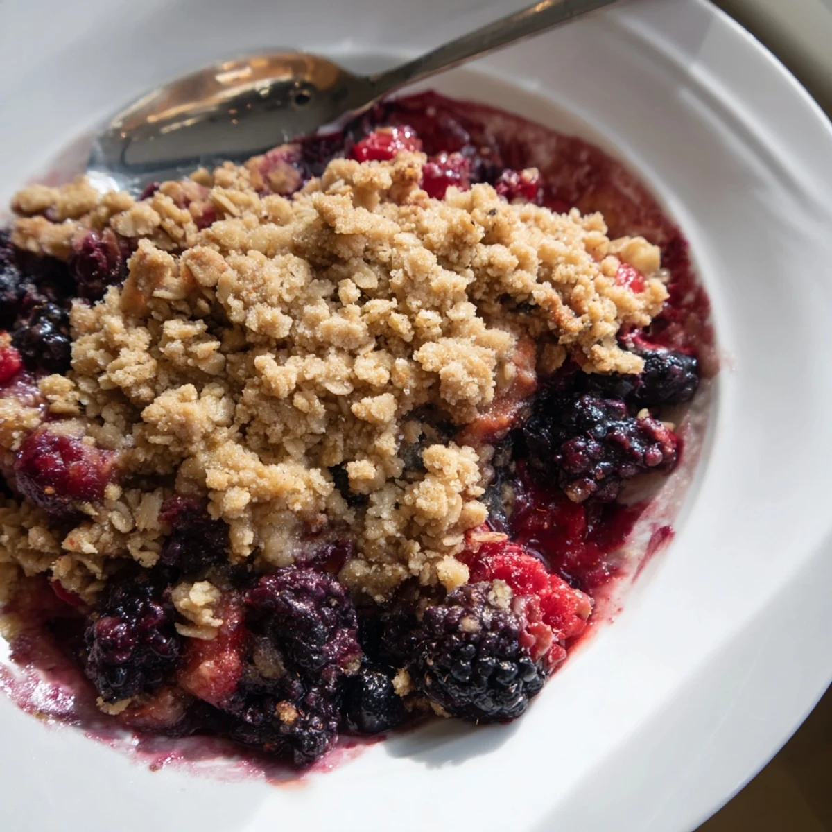 Fresh from the oven, this Winter Berry Crumble reveals bubbling purple juices beneath a golden, buttery oat topping.