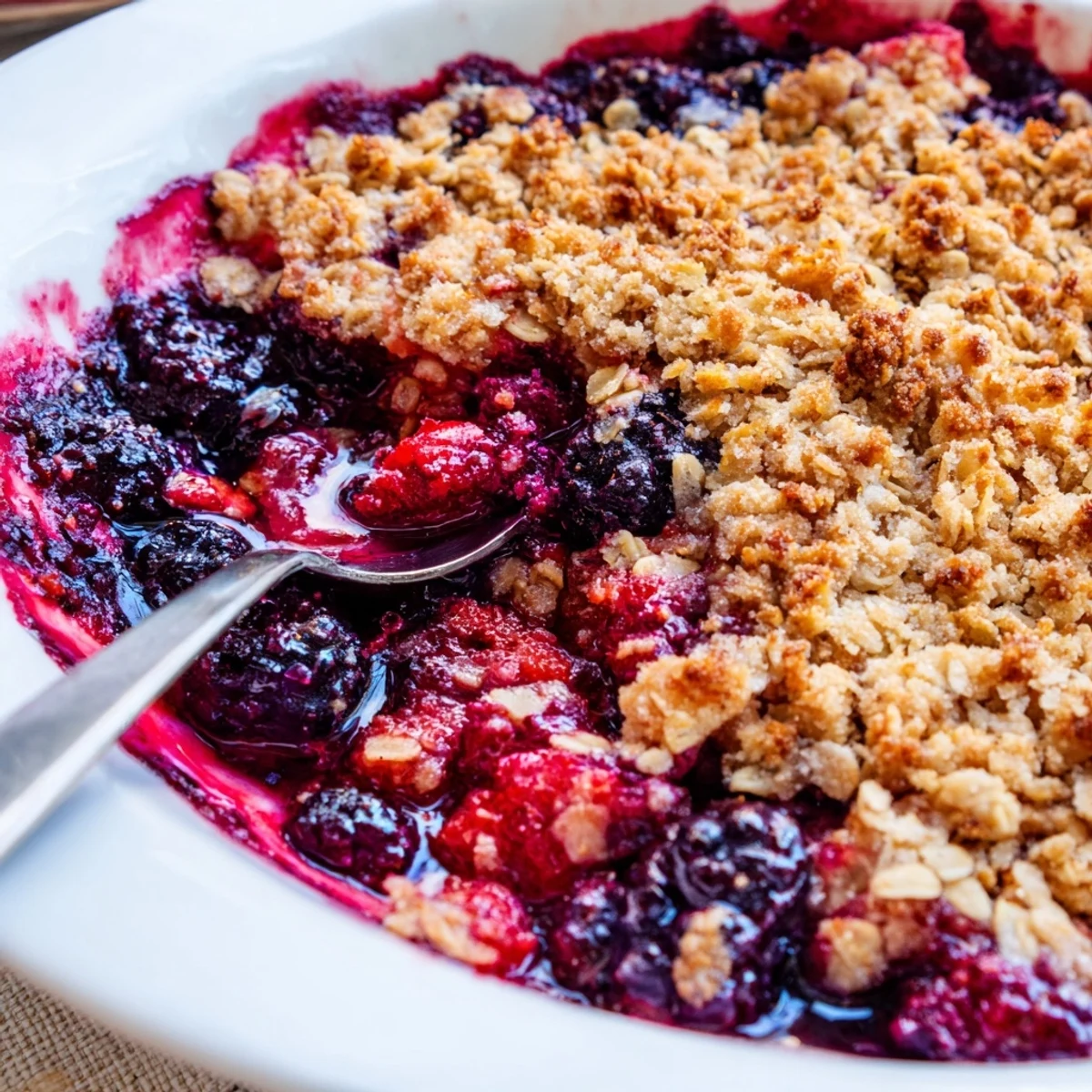 A rustic scoop of Winter Berry Crumble paired with melting vanilla ice cream is ready to be served.