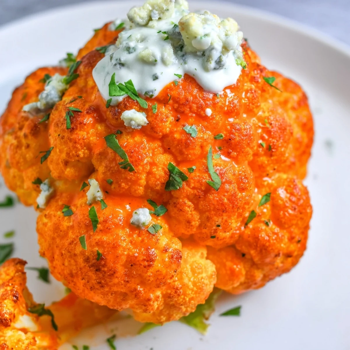 Golden-brown Spicy Buffalo Cauliflower Bites with Blue Cheese are arranged on a platter with fresh celery sticks.