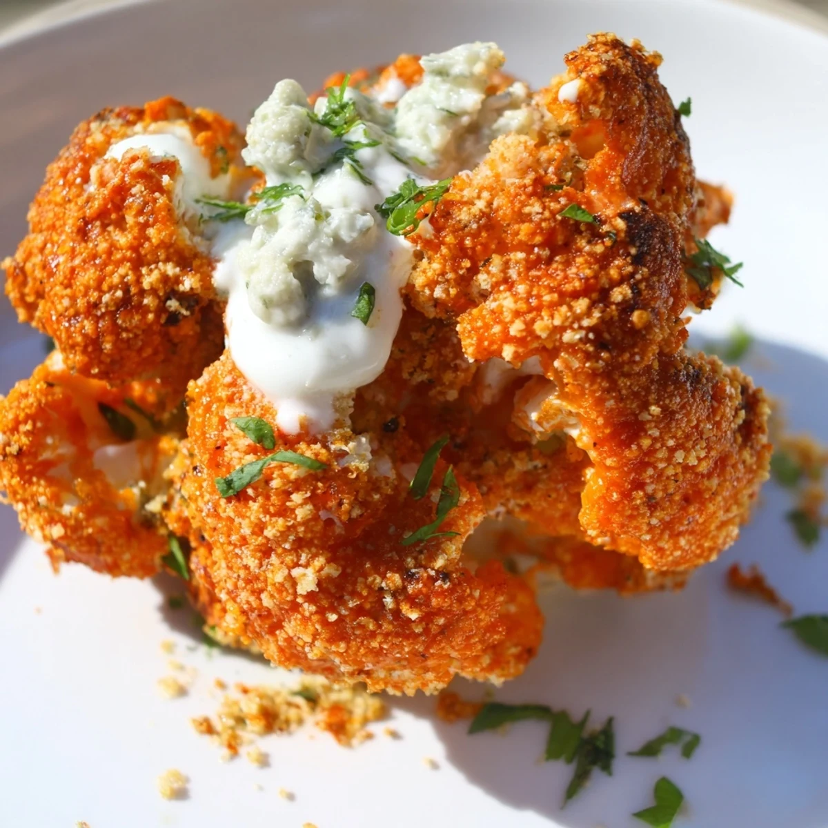 Freshly baked Spicy Buffalo Cauliflower Bites with Blue Cheese served hot with celery and a dip.