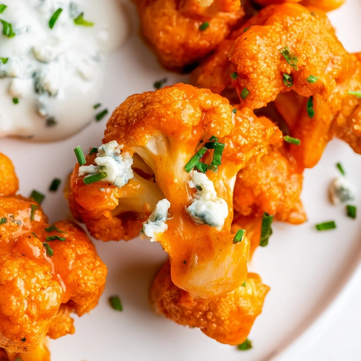 Crispy battered cauliflower florets glistening with spicy Buffalo sauce next to a creamy blue cheese dip.