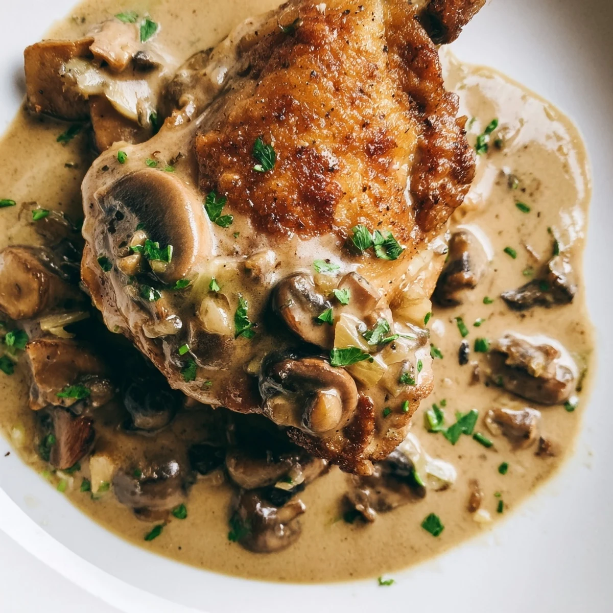 Golden-skinned chicken thighs in a creamy mushroom garlic sauce with herbs, served over mashed potatoes.