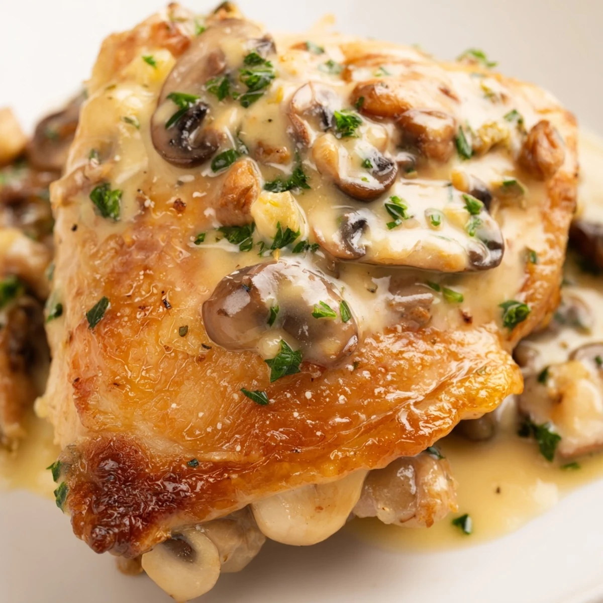 Herb-garnished Creamy Garlic Mushroom Chicken Thighs simmering in a rich, velvety sauce with sliced mushrooms.