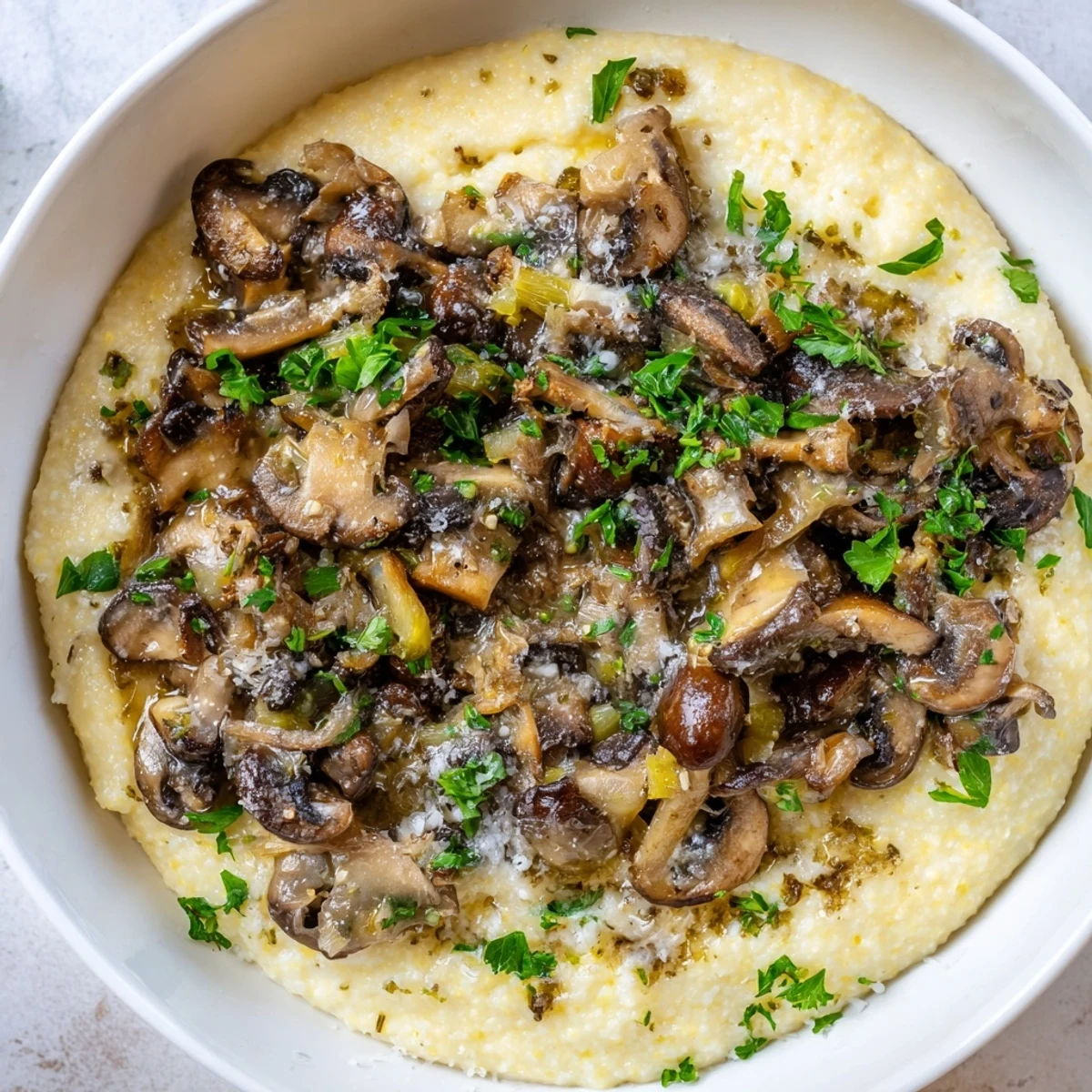 Creamy polenta topped with savory braised mushrooms in a rustic ceramic bowl, garnished with fresh parsley.