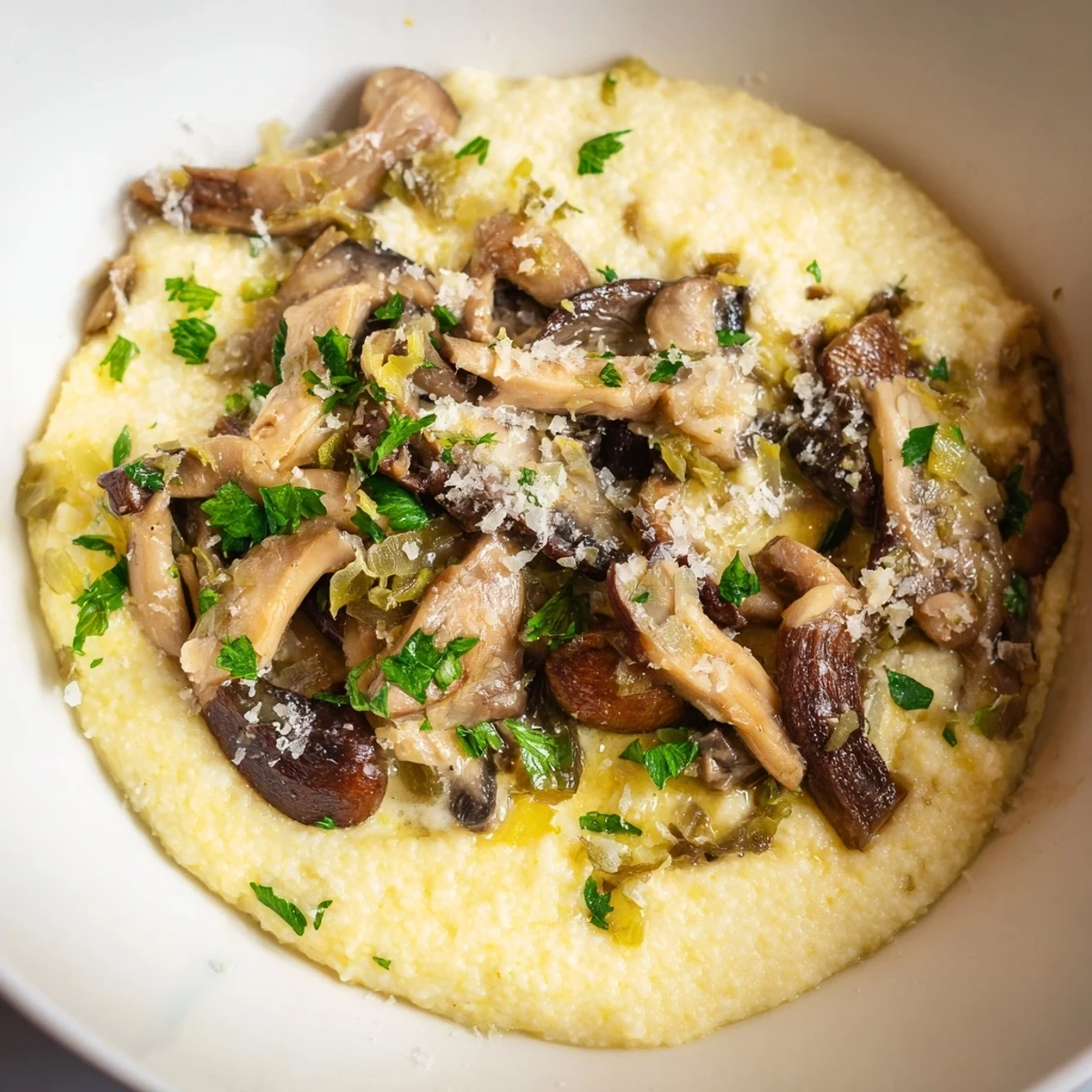 A warm bowl of creamy polenta with braised mushrooms, ready to enjoy with a glass of red wine.