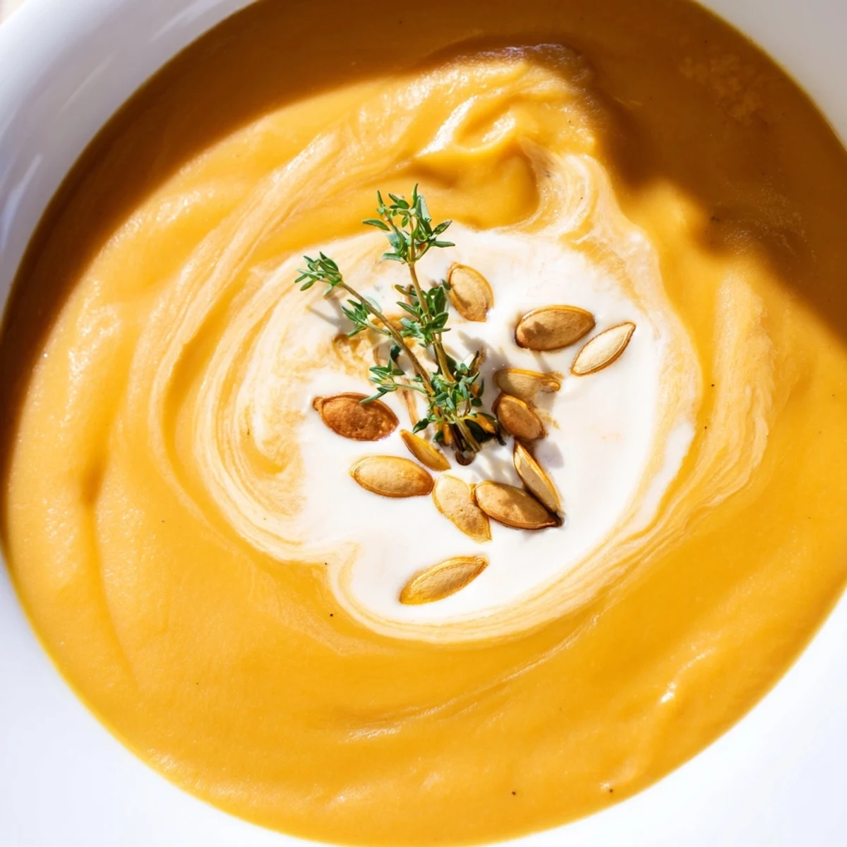 A close-up of Roasted Butternut Squash and Apple Soup in a rustic bowl, showing a creamy orange puree topped with a swirl of cream and toasted pumpkin seeds.  