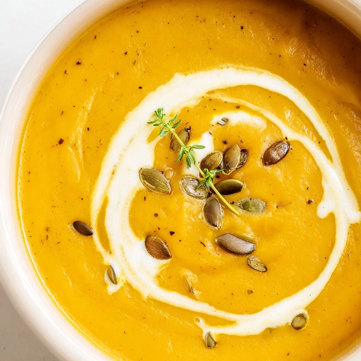 Fall soup lovers admire a ladleful of Roasted Butternut Squash and Apple Soup served with crusty bread and fresh thyme garnish.  