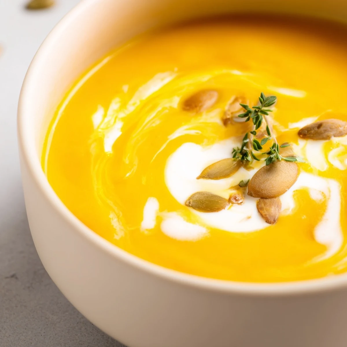The velvety texture of Roasted Butternut Squash and Apple Soup glistens in a white ceramic bowl, garnished with thyme and pepitas.
