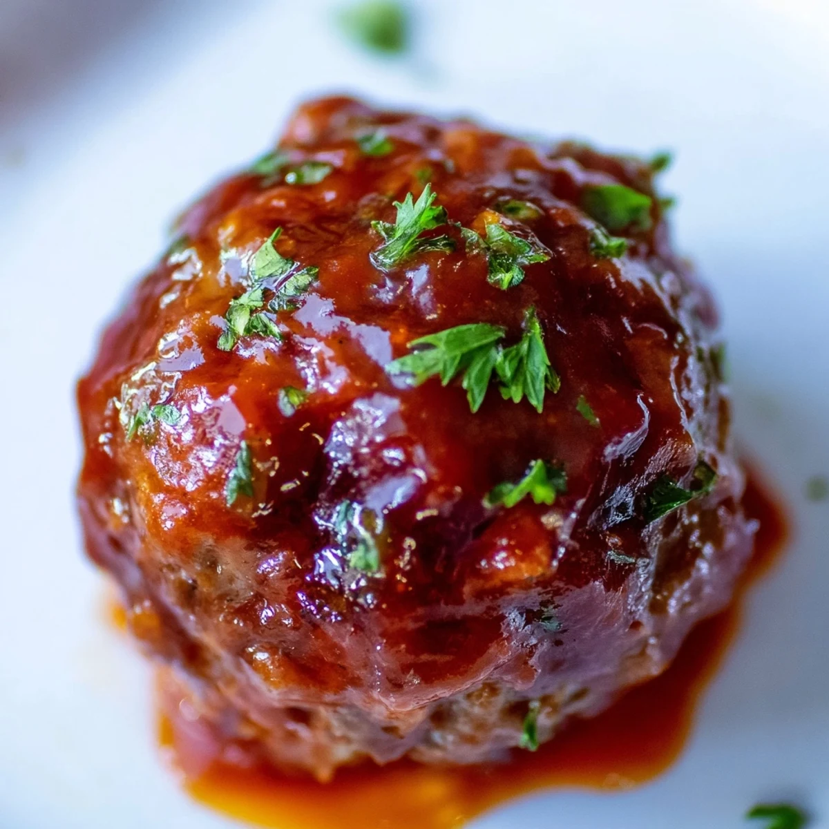 Glossy Tailgate BBQ Beef Meatballs with sticky sauce on a platter, garnished with parsley for game day.  
